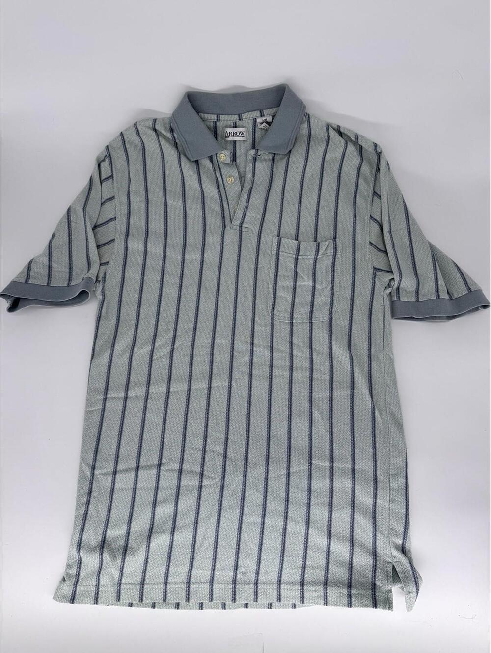 Men’s Arrow Collared Polo Shirt Striped Size Medium Green Blue -Small Stain-